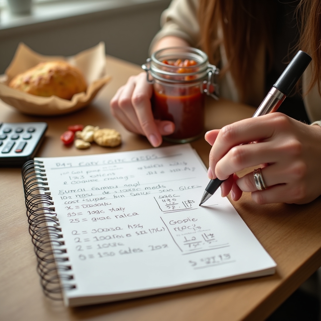 Entrepreneur writing cost calculations in a notebook beside food products