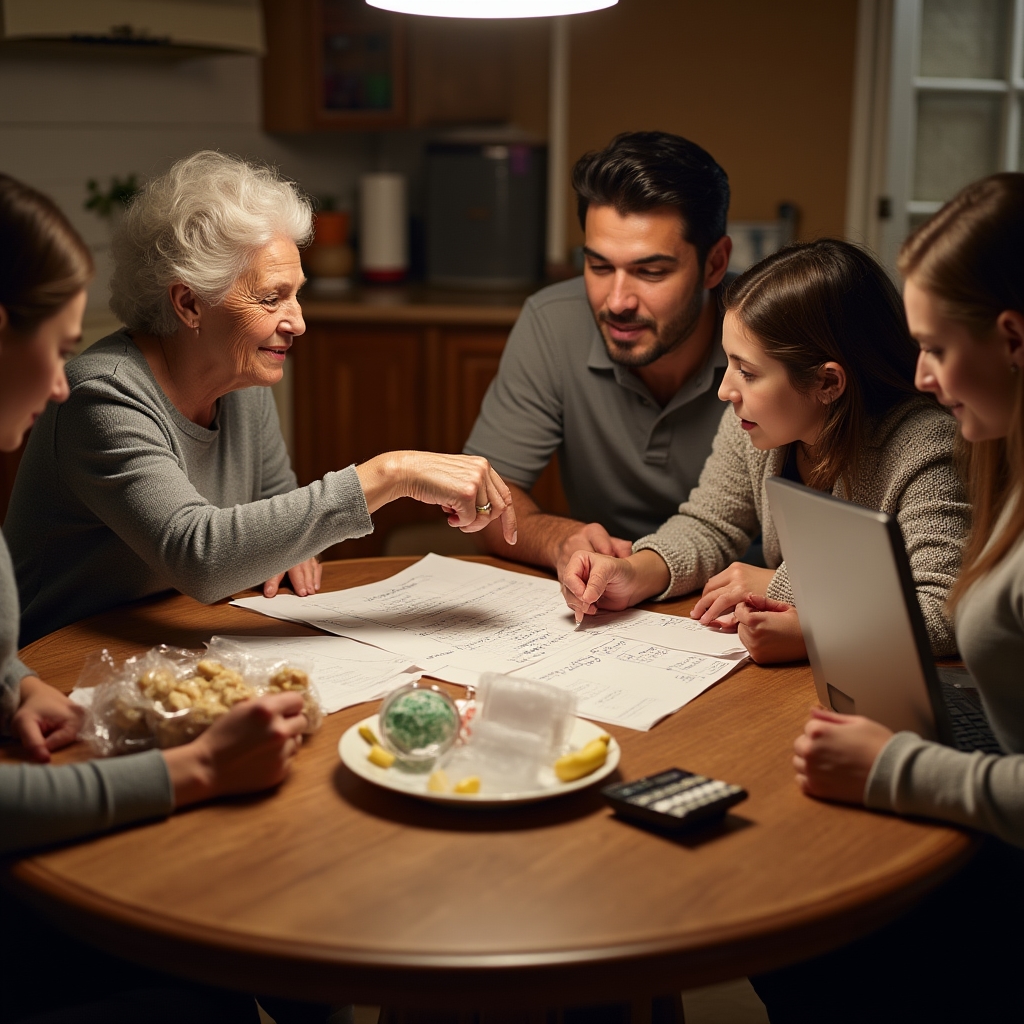 Family group around a kitchen table discussing their food business plans with documents and products