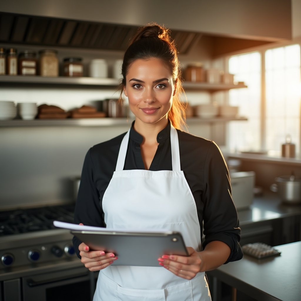 Food entrepreneur calculating costs in a professional kitchen