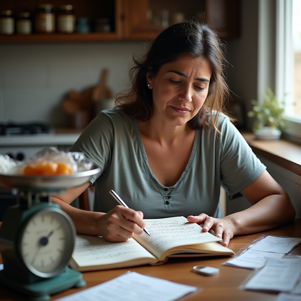 Small food business owner reviewing handwritten financial notes at a kitchen workspace with products visible