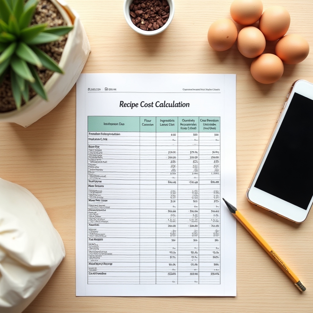 Detailed recipe cost breakdown spreadsheet with ingredient quantities and prices