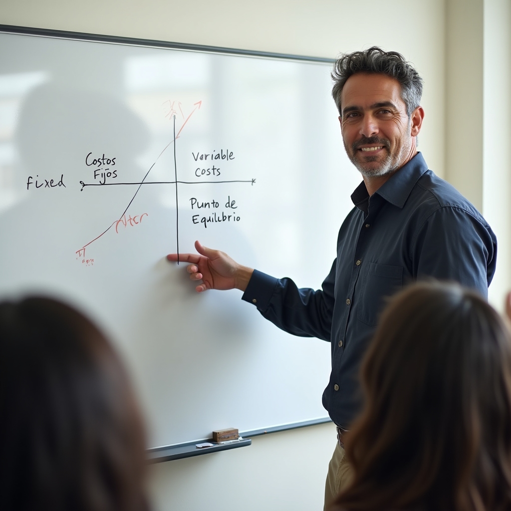 Instructor at whiteboard explaining break-even chart to small group of food entrepreneurs
