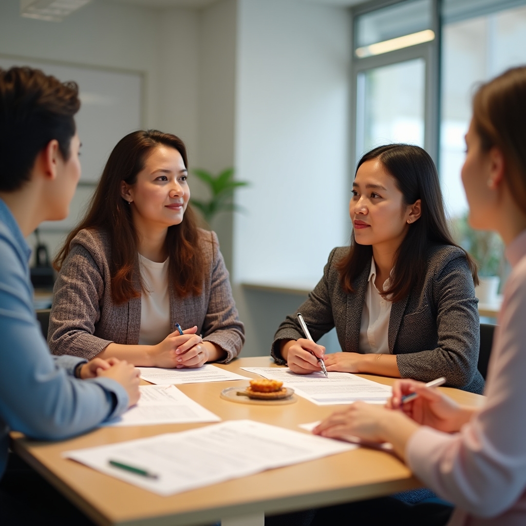 Workshop participants working through cost calculation exercises at a table