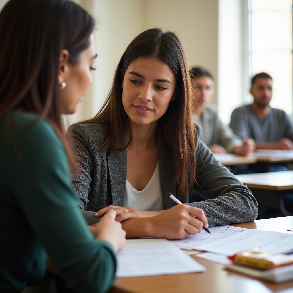 Food entrepreneur reviewing pricing worksheet with instructor in a bright classroom setting